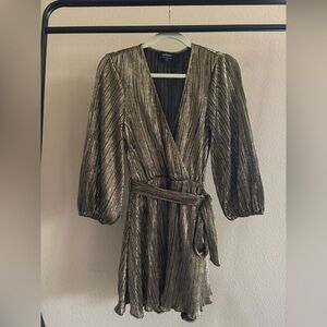 Bardot Gold and Black Wrap Dress with Bishop Sleeves